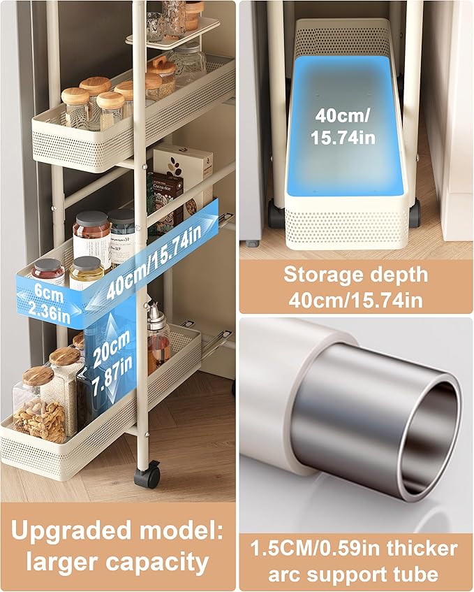 UMDONX Slim Storage Cart 4 Tier with Pull Out Basket Bathroom Organizer Rolling cart, Rolling Utility Cart Slide Out Organizer for Kitchen, Bathroom, Laundry White