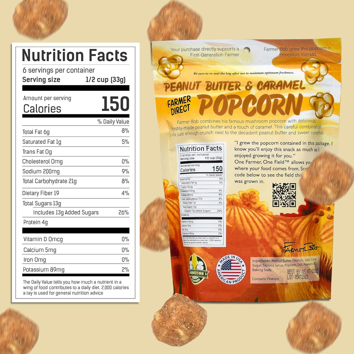 Gourmet Popcorn Bags, Peanut Butter Caramel Corn, Vegan, Gluten Free, Non-GMO, 7 Ingredient, Healthy Resealable Snack, 6oz Bag, Perfect Snacks for Adults, Peanut Butter Pretzels Flavor Farmer Direct - PuffyCrunch by Princeton Popcorn USA Made