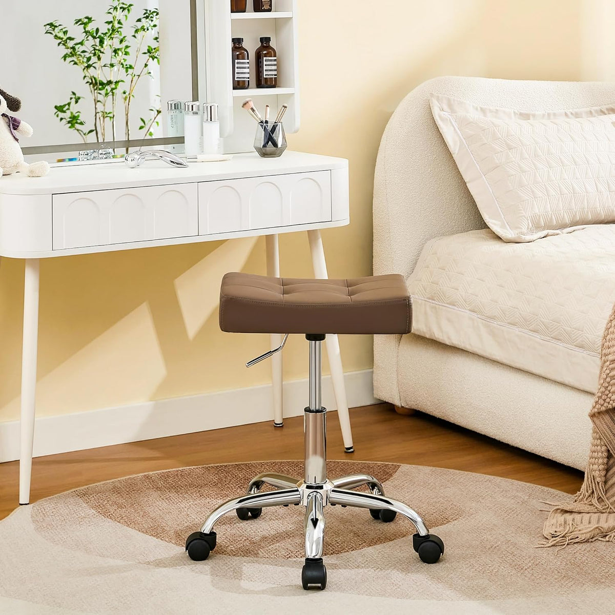 Vanity Stool with Wheels (Adjustable Height 17-21 inch) (300lbs Capacity) Faux Leather Nail Tattoo Vanity Massage Stool (Coffee Brown)