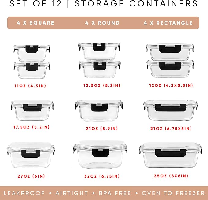 JoyJolt 24pc Borosilicate Glass Storage Containers with Lids | 12 Airtight/Freezer Safe Food Storage Containers for Pantry and Kitchen | Meal Prep Container for Lunch | Glass Tupperware Set