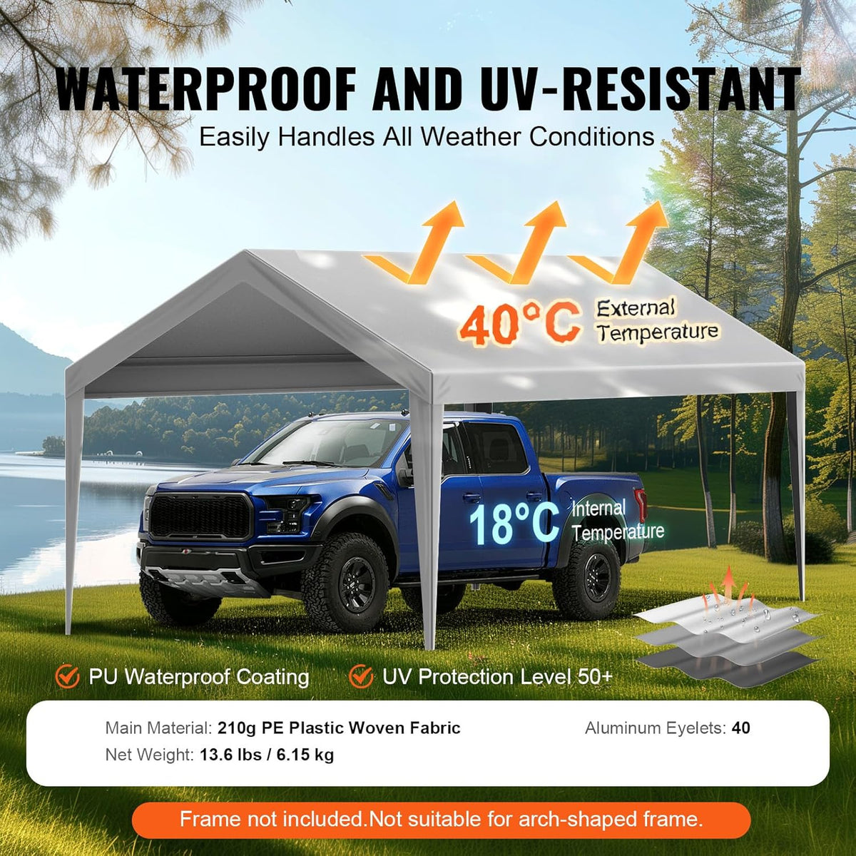 VEVOR Carport Replacement Canopy Cover 10 x 20 ft, Garage Top Tent Shelter Tarp Heavy-Duty Waterproof & UV Protected, Easy Installation with Ball Bungees,Grey (Only Top Cover, Frame Not Include)