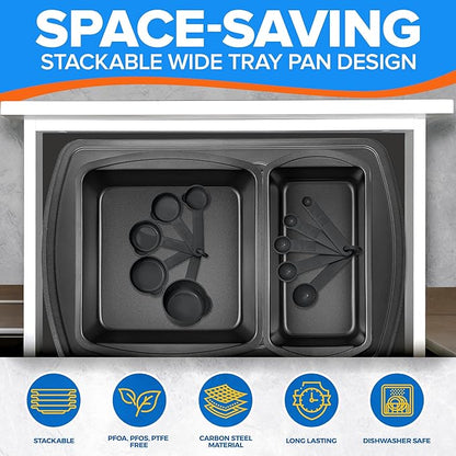 Emporio Kitchen Stackable Baking Pan Set - Deluxe Nonstick Black Coating, Carbon Steel Bakeware Sets, PFOA, PFOS, PTFE Free, Recipe Booklet Included, Oven Safe (Up to 450°F), Set of 7 - Black