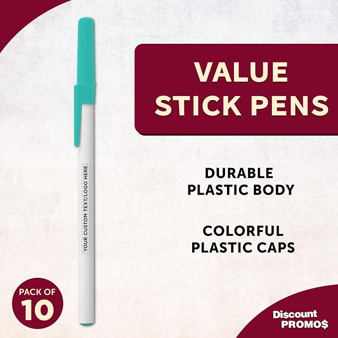 DISCOUNT PROMOS Custom Value Stick Pens Set of 10, Personalized Bulk Pack - Black Ink, Great for Office, School, Business, Tradeshows, Events - Teal
