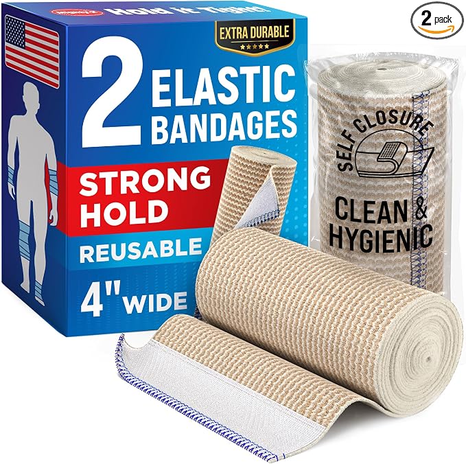 Premium Elastic Bandage Wrap - 4” (2pk) - Self-Closing Compression Bandage | Reusable Bandage Wrap for Leg, Ankles, Wrists, and Knees - For First Aid Kit and After Surgery Recovery - Latex Free
