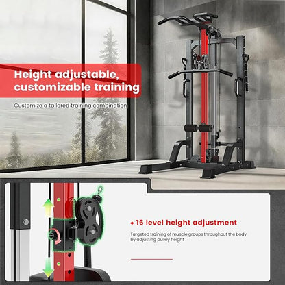 Pull Up Bar Power Tower Dip Station with Cable Machine, 450LB Home Gym | Pull up bar, dip station and 16-position cable system for pull ups, dips, lat pulldowns, rows and full-body training