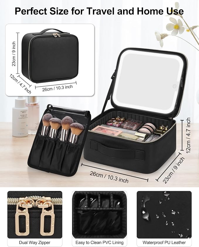 Chomeiu Makeup Bag with LED Mirror, Travel Makeup Case for Women and Makeup Artists Cosmetic Organizer Large Make Up Bags with Light Up Mirror, 3 Color Lights, Adjustable Dividers and Brush Holder