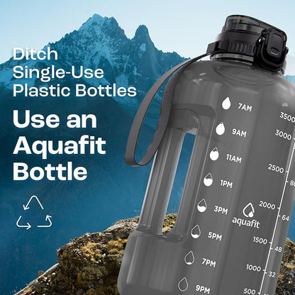 AQUAFIT Gallon Water Bottle with Time Marker, 2in1 Lid | BPA Free 128 oz Water Bottle with 2in1 Straw and Chug Lid - Leakproof Gym Water Bottle with Carry Handle (Aqua)