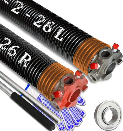 Garage Door Torsion Spring Set, Pair of 2" Electrophoresis Coated Garage Door Spring Replacement with 2 Non-Slip Winding Bars and Bearing, Minimum 16000 Cycles (.234x2x26")