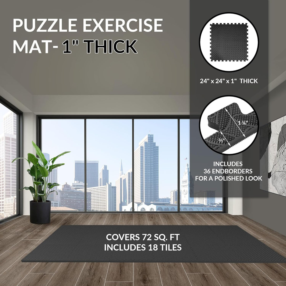 Puzzle Exercise Gym Flooring Mat, 1" Thick High-Density EVA Interlocking Tiles, Workout Mat for Home Gym, Fitness Equipment, MMA, Gymnastics, 18-Piece Shock-Absorbing Exercise Mat (72 Sq Ft)