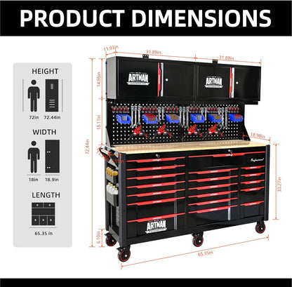 72-Inch Garage Cabinets and Storage System with 19 Drawers Rolling Tool Chest Large Mobile Workbench Heavy Duty Wood Top Tool Cart on Wheels for Garage, Workshop, Warehouse, Laboratory