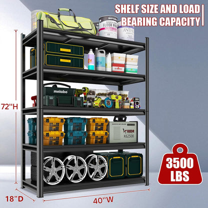 40" Wx72 H,Heavy Duty 5-Tier Steel Garage Shelving Unit | 3500LB Capacity| Garage & Basement Storage | Industrial-Grade Metal Shelving for Warehouses & Workshops | Adjustable, Rust-Resistant, Black