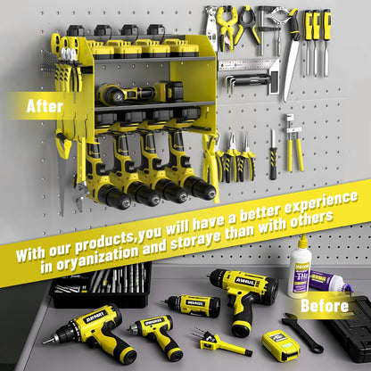 3-Tier Modular Drill Holder & Power Tool Organizer Wall Mount with Charging Station, Tool Storage Rack with Hooks, 8-Outlet Power Strip, Bit Rack & Cordless Garage Tool Organization (Yellow)
