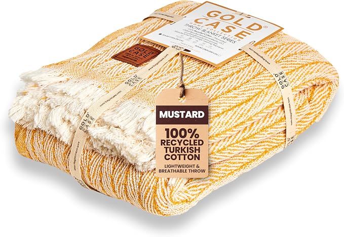 Gold Case Throw Blanket for Couch – 100% Recycled Turkish Cotton Blankets & Throws – Elegant Decorative Throw Blankets for Living Room Sofa – Woven Throws for Couch – Vintage Mustard – 50x60