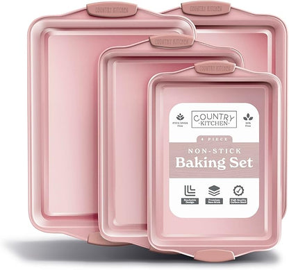 Country Kitchen Nonstick Stackable Bakeware Set - Heavy Duty, Durable, Easy Release Baking Set, Pink, 4 Pcs