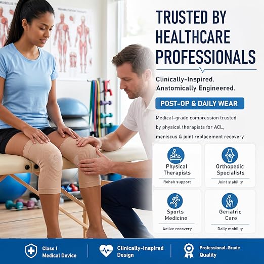 NURCOM Knee Brace, 8-Zone Compression Sleeve, Beige M | For Meniscus Tear, Arthritis, Acl, Mcl, Tendonitis & Joint Pain Relief, Running, Workouts, Recovery, Pair Pack, Men & Women