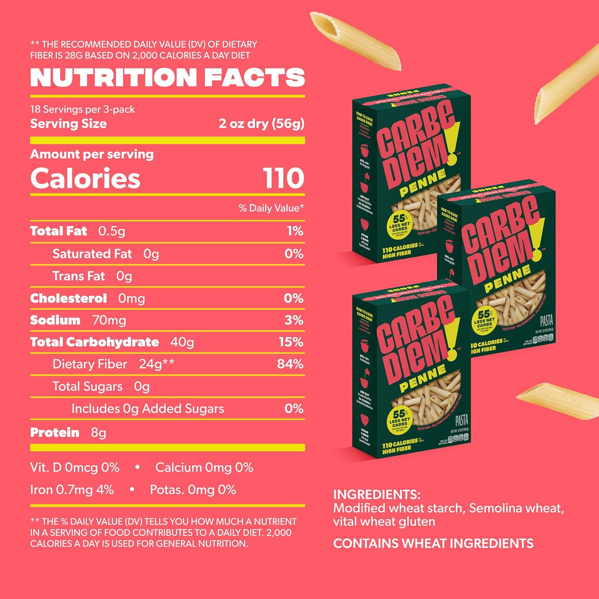 Carbe Diem!, Penne, Lower Net Carb Pasta with Traditional Flavor & Texture, 55% Fewer Net Carbs & Only 110 Calories Per Serving, Pack of 3