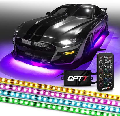 OPT7 Aura Flexible Underglow Car Lights with APP & Remote Control, Exterior Neon Accent Underbody Lighting Kit, 4 PCS RGB LED Light Strips for Cars Trucks RV, Waterproof, Multi Colors Music Mode, 12V