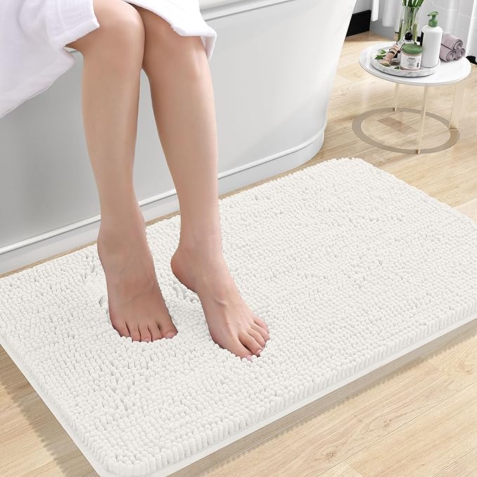 OLANLY Small Bathroom Rugs 24x16, Extra Soft Absorbent Chenille Bath Rugs, Rubber Backing Quick Dry, Machine Washable Bath Mats for Bathroom Floor, Tub and Shower, Home Decor Accessories, Ivory