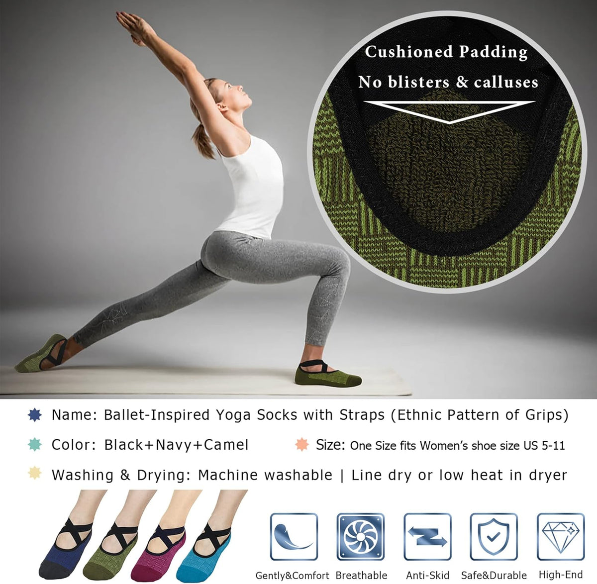 Ozaiic Yoga Socks for Women Non-Slip Grips & Straps, Ideal for Pilates, Pure Barre, Ballet, Dance, Barefoot Workout