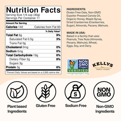 Kelly's Four Plus (Cranberry Nut) Granola Cereal with Whole Grain Oats, Honey, Maple Syrup - Non-GMO, Low Sugar, Sodium Free and Gluten Free Granola for Yogurt - 12oz