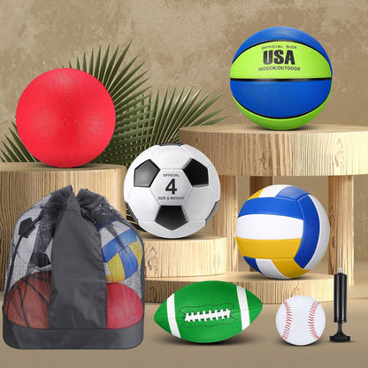 Realspring 6 Pcs Multi Sport Ball Set for Kid Teen Operation Christmas Official Size Football, Basketball, Soccer, Volleyball, Playground Ball, Baseball with Sports Equipment Bag Pump