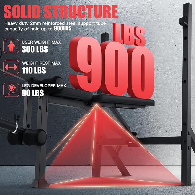 OPPSDECOR 900 LBS Weight Bench Set with Squat Rack, Adjustable Bench Press Set with Leg Extension and Leg Curl, Foldable Flat/Incline/Decline Workout Bench for Home Gym