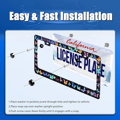 Beautiful Butterfly License Plate Frame Watercolor License Plate Stainless Steel Colorful License Plate Holder Car Accessory with Screws Car Decoration 12.3" x 6.3" Fits Standard Vehicles Size