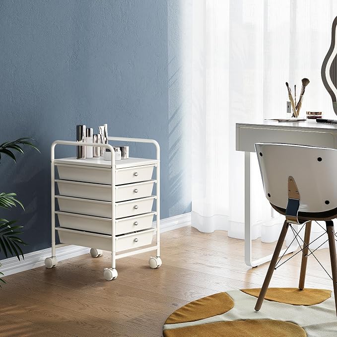 5-Tier Rolling Cart with 5 Drawers, Rolling Utility Cart with 2 Lockable Caster Wheels, Multipurpose Mobile Rolling Storage Drawer Cart for Office Bathroom Kitchen, Ivory White