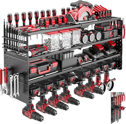 Power Tool Organizer Wall Mount, 4 Tier Tool Storage Rack with 8 Cordless Drill Holders, Heavy Duty Power Tool Shelf for Garage Organization Workshop
