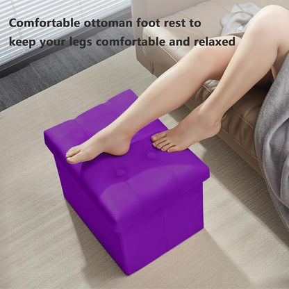 AmasSmile Storage Ottoman Foot Rest Stool, 17 inch Velvet Footstool Bench, Short Ottomans Stool, Small Folding Storage Ottoman Store Books, Records, Purple