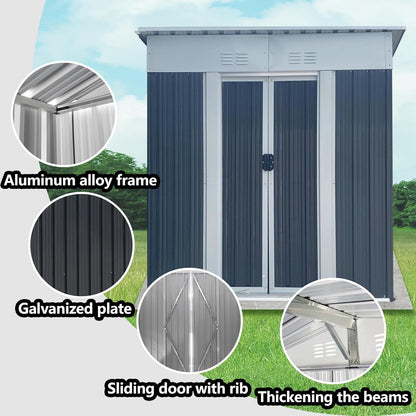 5x3 FT Outdoor Storage Shed with Sloping Roof, Waterproof Metal Garden Sheds w/Lockable Sliding Doors and Vents, Weather Resistant Tool Storage House for Backyard, Patio, Lawn, Grey