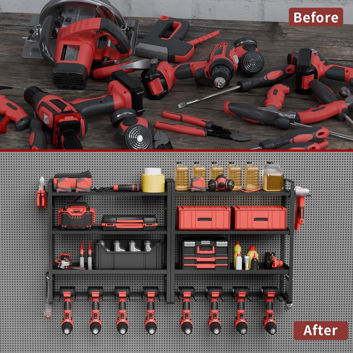 NINAT Heavy Duty 4-Tier Wall Mount Tool Organizer Rack - 8 Drill Holders, 150lb Capacity for Power Tools, Cordless Drills | Garage, Workshop, Shed & Basement Storage Solution