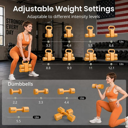 Adjustable Dumbbell Set, 4 in 1 Free Weights for Women with Fast Adjustment, Each 2.2/3.3/4.4/5.5lb Hand Weights, Compatible with Kettlebells for Home Gym Exercise & Fitness
