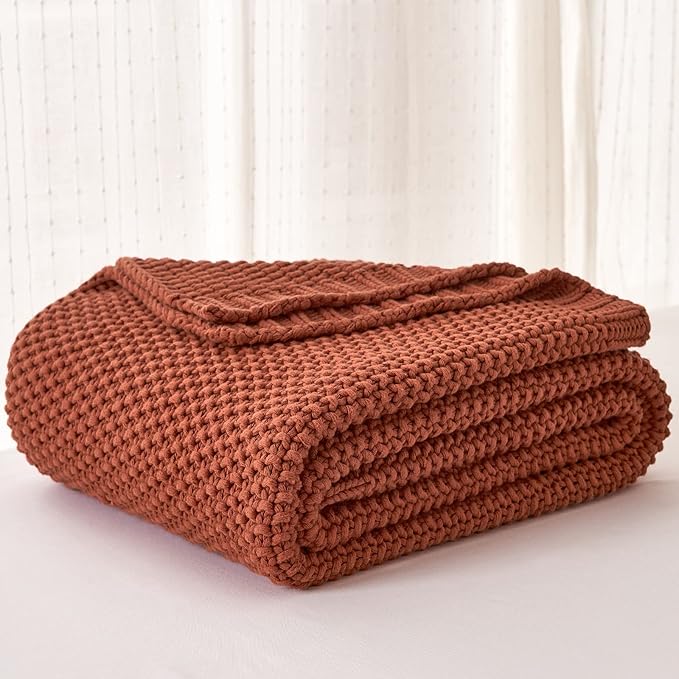 Longhui bedding Chunky Cable Knit Throw Blanket Lightweight Rust 100% Organic Cotton Blanket for Sofa Couch Bed Baby Nursery, Rustic Shabby Chic Modern Farmhouse, 60” x 80” Give Laundering Bag
