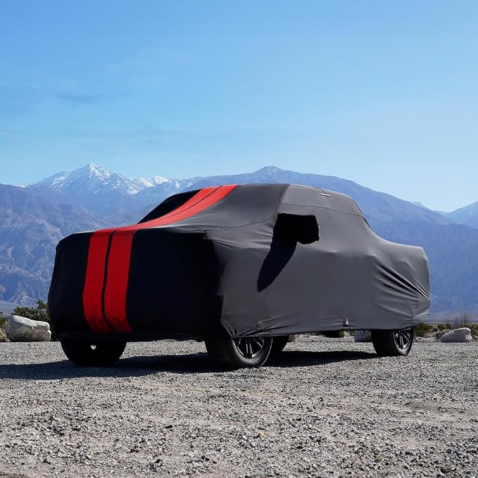 iCarCover Premium Heavy Duty Truck Car Cover - Waterproof All Weather Rain Snow UV Protection, Chevy C/K 1500, Colorado, Dakota, Ranger, Canyon, Frontier, Size T90 (See Size Chart), Stripe - Black/Red