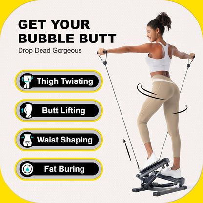 Stepper Machine with Resistance Bands, Mini Stepper with 300LBS Weight Capacity, Twist Stepper for Full Body Workout, Adjustable Step Height, Smooth and Quiet, Step Machine for Men Women