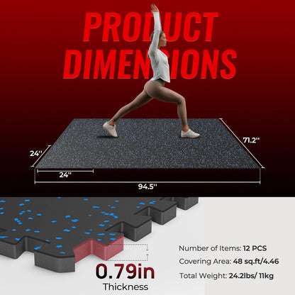 SUPERJARE 0.79'' Extra-Thick Exercise Equipment Mats, 12 Pcs 48 Sq Ft Rubber Top Floor Tiles with High Density EVA Foam, Interlocking Gym Flooring for Home Gym, Workout Mat, Black/Blue