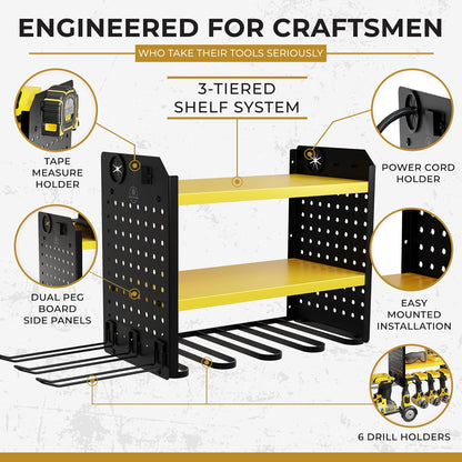 Power Tool Organizer - 6 Drill Holder Wall Mount, 3 Tier Heavy-Duty Hand Storage Rack, Utility Racks, 2 Pegboard Sides - Garage Cordless Organizer (Yellow)