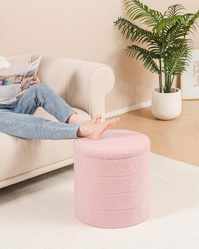 B FSOBEIIALEO Ottoman with Stroage, Round Sherpa Storage Ottoman Stool, Boucle Foot Rest 16.9"x16.9"x17.7"（Pink
