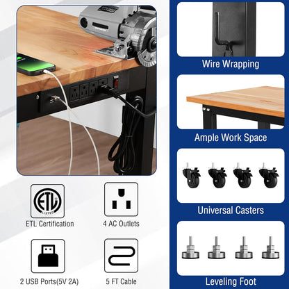 WORKPRO Garage Workbench, 48"X22" Adjustable Workbench with Wheels and Leveling Foot, Rubber Wood Top Work Desk with Power Outlets, 1500 LBS Workbenches for Garage, Workshop