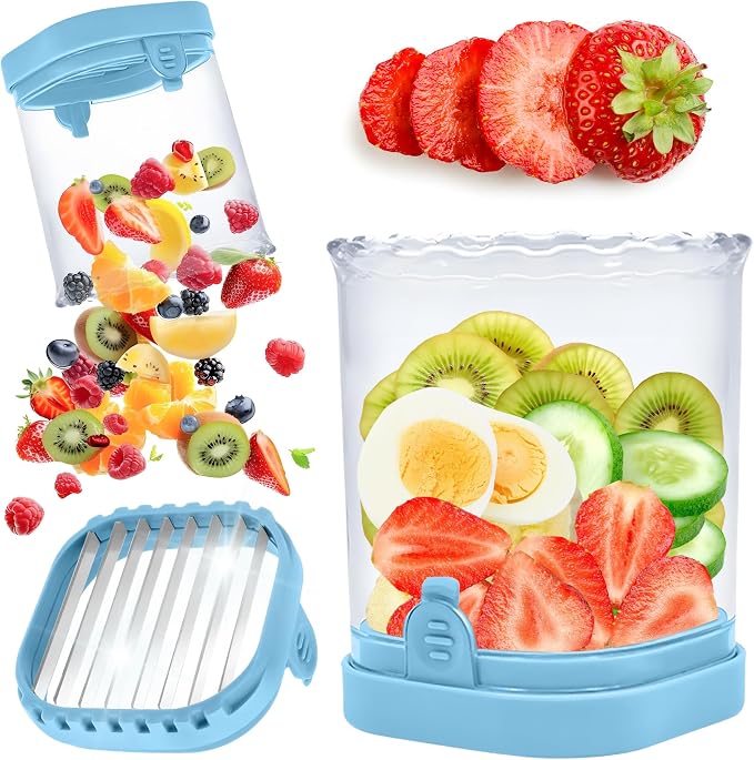 Strawberry Slicer Cup with Push Plate, Fruit Cutter Kitchen Gadget for Egg, Kiwi, Banana, Cucumber, Easy Fruit & Vegetable Slicer, Strawberry Cutter Tool for Quick Safe Cutting (Blue)