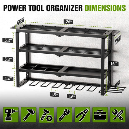 MAXIFFE 4 Layer Power Tool Organizer Wall Mount, Heavy Duty Metal Cordless Tool Organizers and Storage Rack Holder with 9 Drill Holders for Garage Storage Organization, Gifts for Men, Black, 26 inch