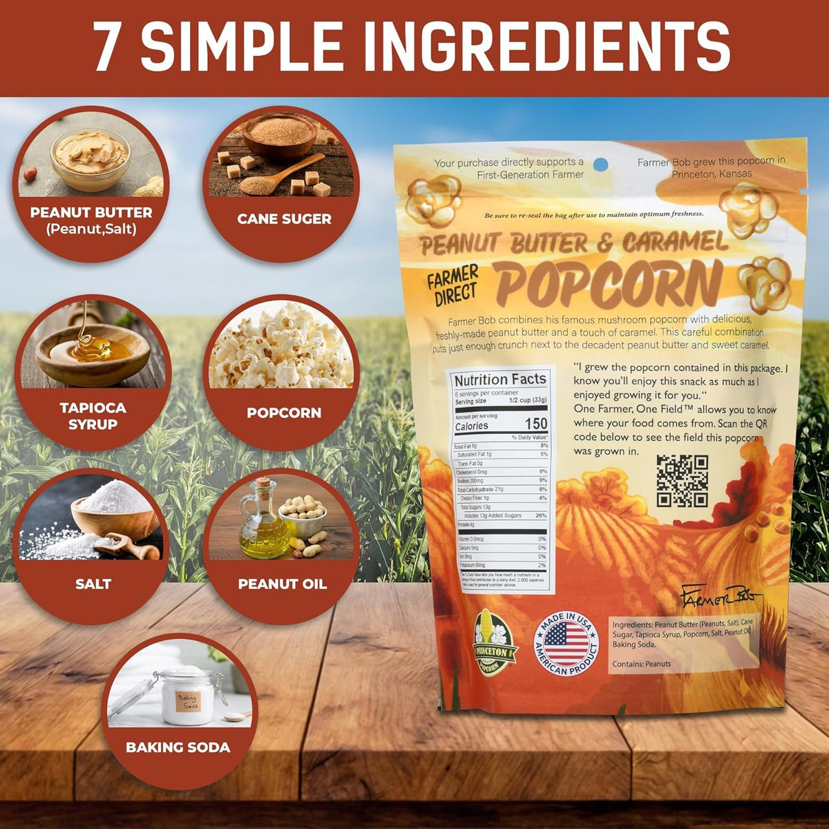 Gourmet Popcorn Bags, Peanut Butter Caramel Corn, Vegan, Gluten Free, Non-GMO, 7 Ingredient, Healthy Resealable Snack, 6oz Bag, Perfect Snacks for Adults, Peanut Butter Pretzels Flavor Farmer Direct - PuffyCrunch by Princeton Popcorn USA Made