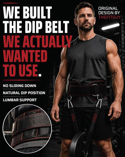 THEFITGUY Original Dip Belt with Strap for Dips, Pull-Ups, Squat Attachment | Secure hook-and-loop closure, structured back support, 45-degree D-rings, 40in strap, 2 hooks, up to 250lb