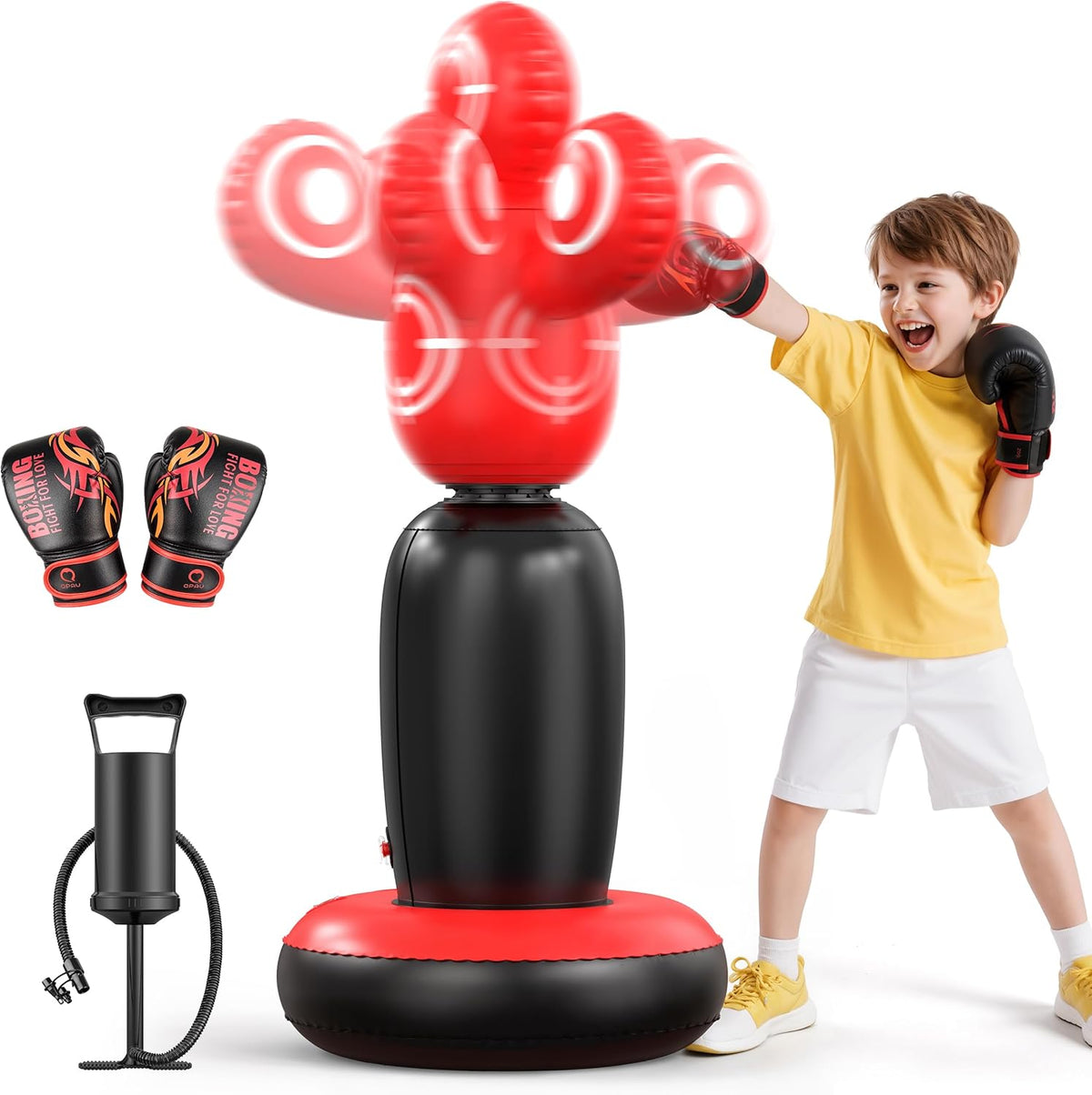 QPAU 360° Rotatable Kids Punching Bag - 64" Boxing Bag with 4 Targets & Kids Boxing Gloves, Inflatable Punching Bags with Hand Pump, Karate Taekwondo Training Gift Boys Girls