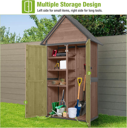 GUTINNEEN Sheds Outdoor Storage Wooden Garden Tool Shed with Metal Frame Sloped Roof and Adjustable 3 Tiers Shelves Outdoor Storage Cabinet for Backyard Garden Patio Lawn 67.1"(Dark Brown)