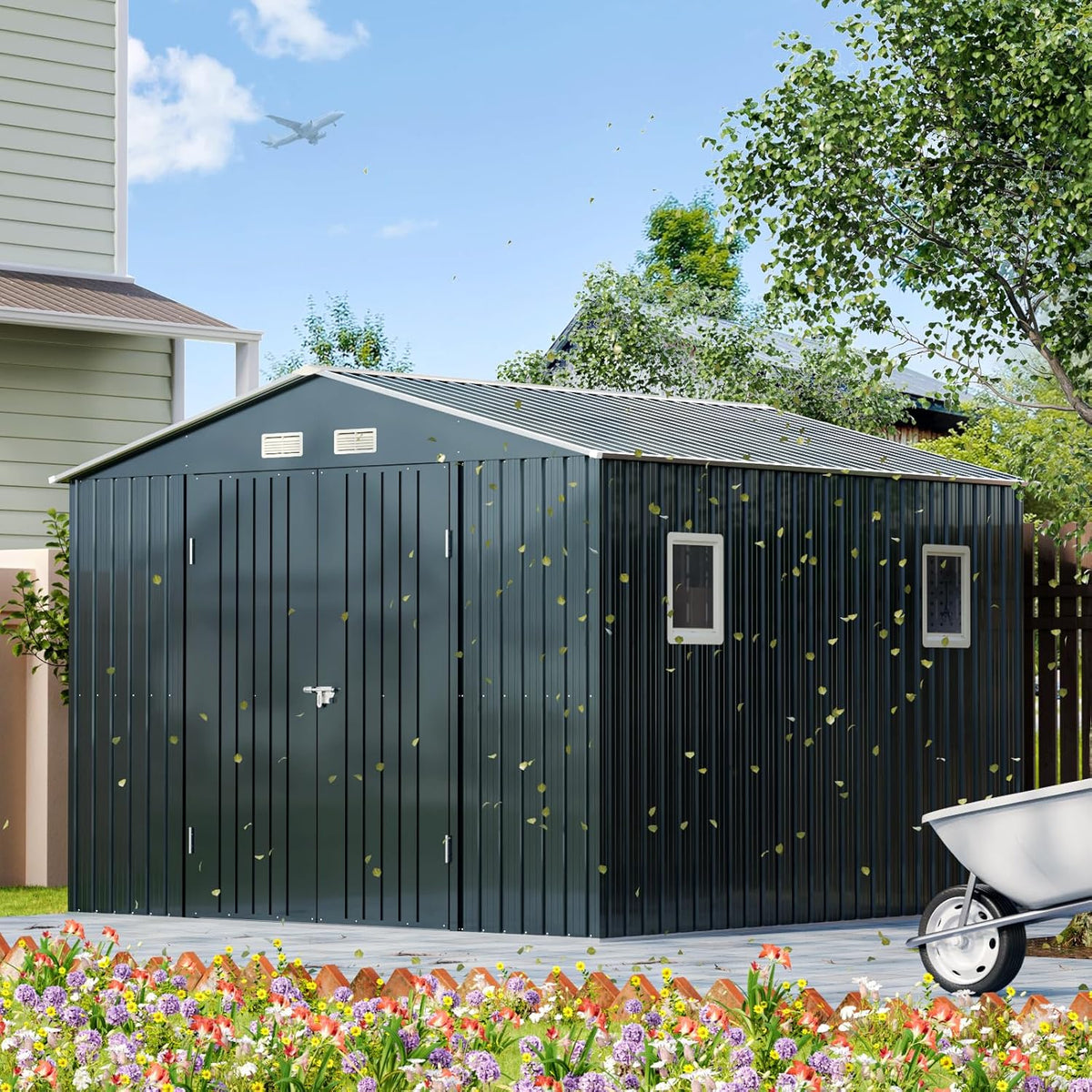 10X10FT Outdoor Steel Storage Shed with Lockable Doors, Ideal for Garden, Backyard, and Patio Utility and Tool Storage
