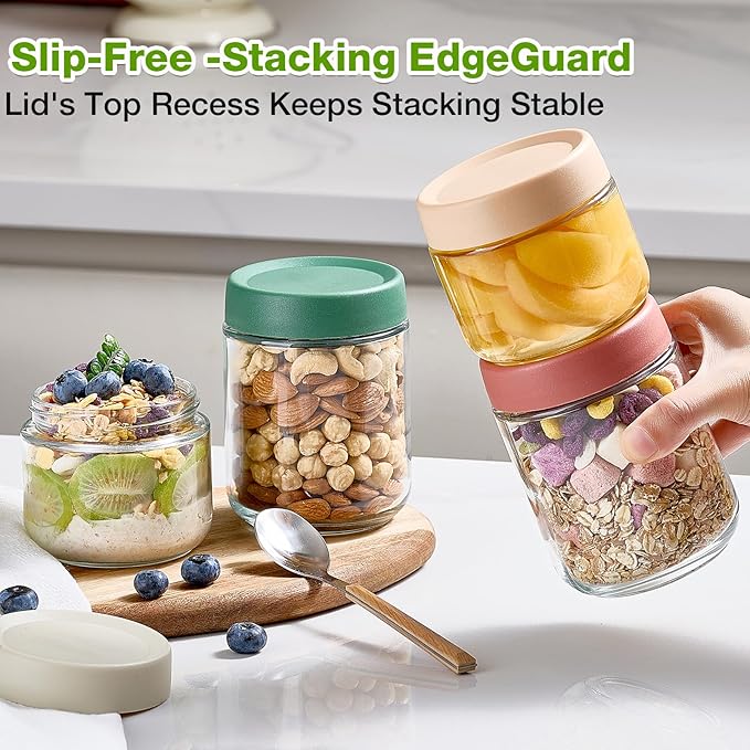 Qipecedm 8 Pack Overnight Oats Containers with Lids, Large & Small Glass Mason Jars 16oz & 10 oz, Breakfast Oatmeal Container to Go, Salad Meal Prep Jars for Food Storage, Mush Chia Seed Pudding Jars