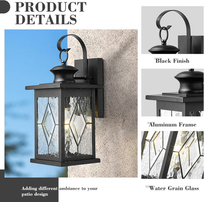 Emliviar Large Outdoor Wall Lantern 18 Inch, Black Front Porch Light with Water Grain Glass Shade, Outside Lights for House and Garage, 1810-BW2-SD