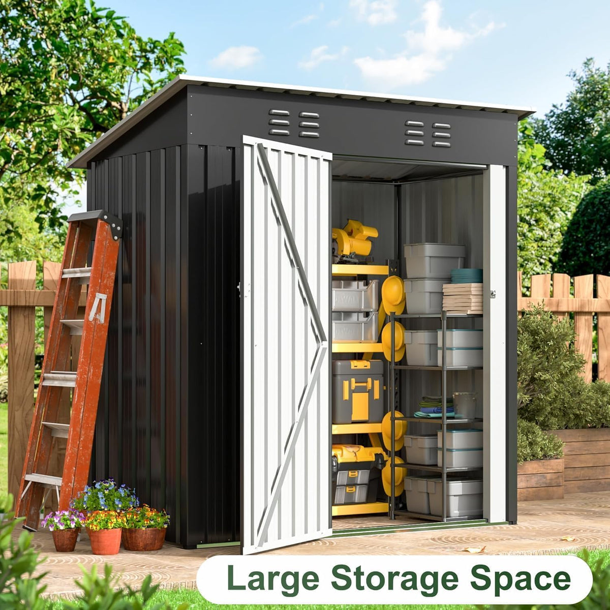 WKM 5X3 FT Outdoor Storage Shed, Utility Metal Tool Storage with Lockable Doors and Updated Frame Structure, Metal Garden Shed for Backyard, Patio Lawn, Black